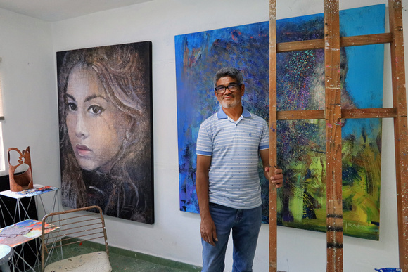 Hector Estrada. Artist in his studio. Cabo San Lucas, Mexico